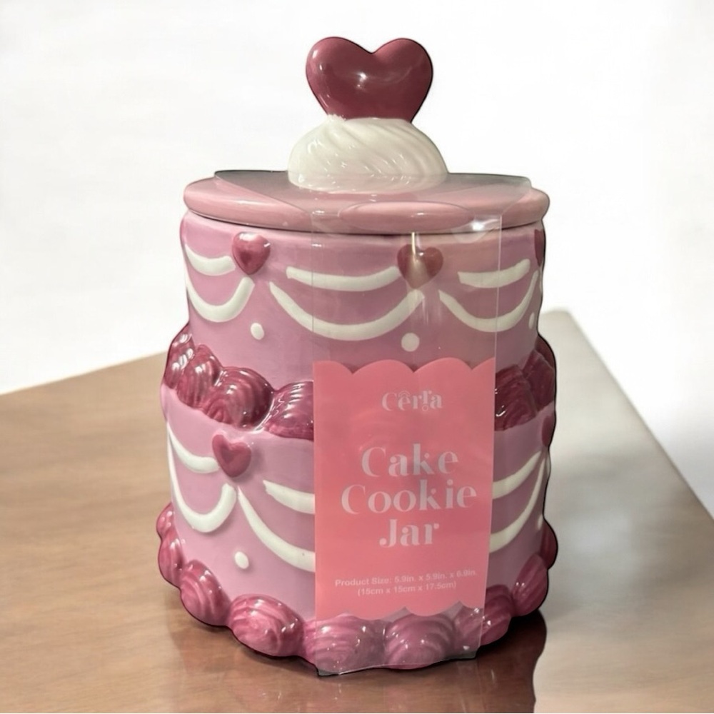 Pretty Pink Cake Cookie Jar Canister Trinket Ceramic Faux Purple Cake Container